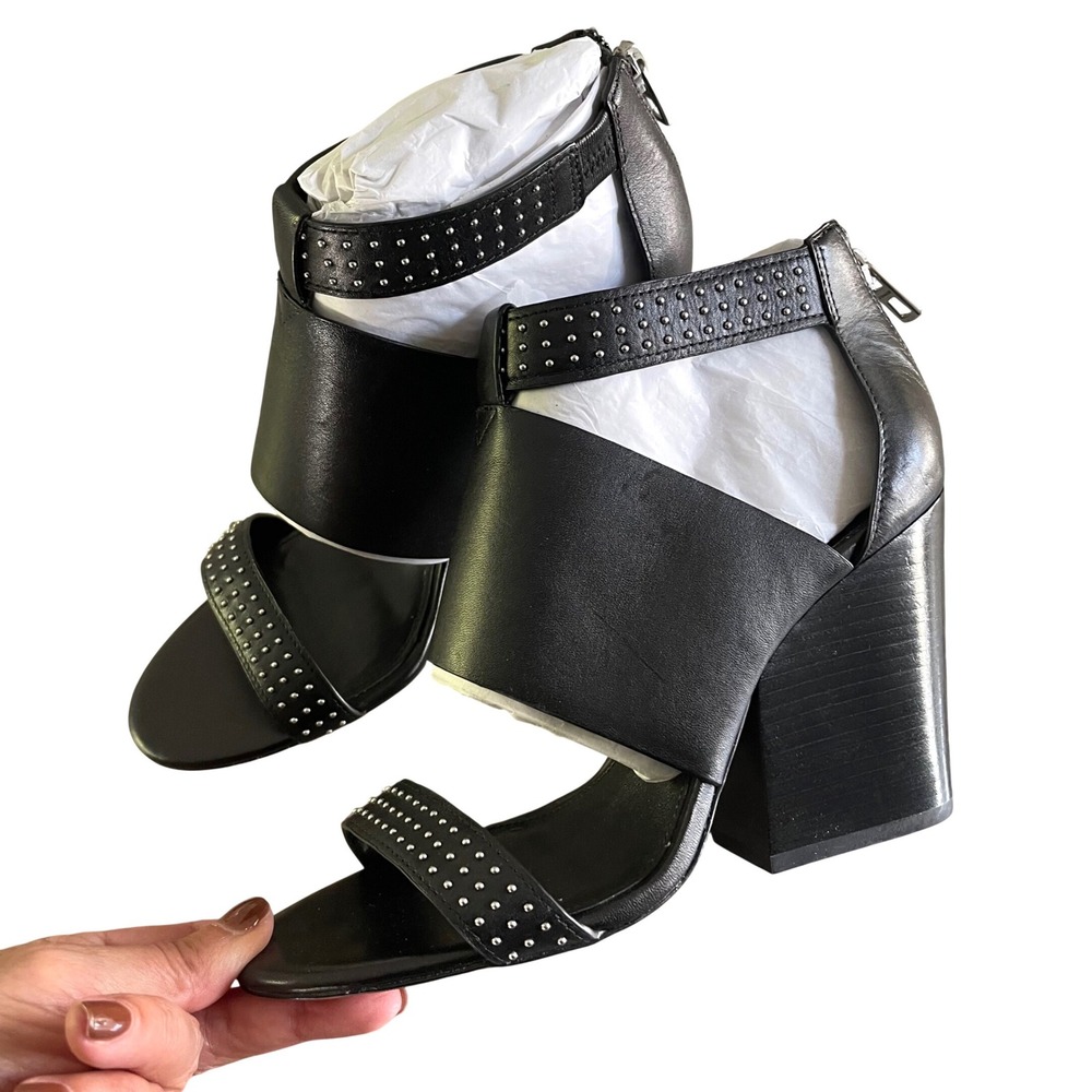 Coach Dessa Studded Leather Block Heel Sandal Women 6.5 Black Edgy Zip Gladiator